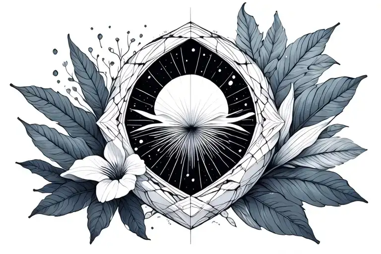 tesseract with thin lines and botanical illustration tattoo design idea