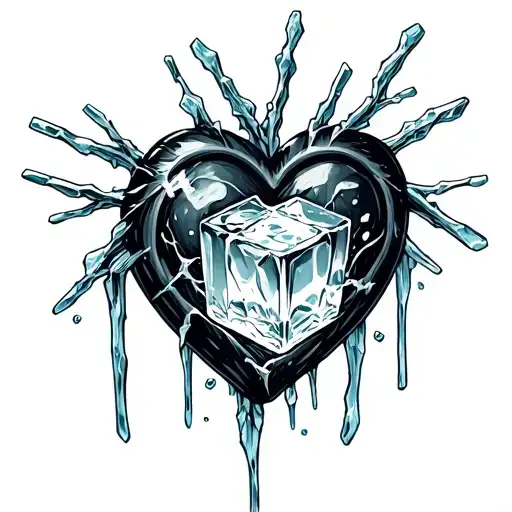 broken heart with a ice cube inside and hanging ice stakes tattoo design idea
