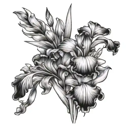 iris flower with gladiolus flower in fan out bouquet tattoo design idea