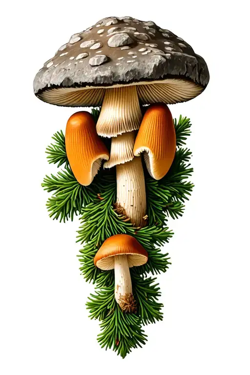 Swiss coat of arms. On the left a stone mushroom and fir. on the right morel and chanterelles tattoo design idea