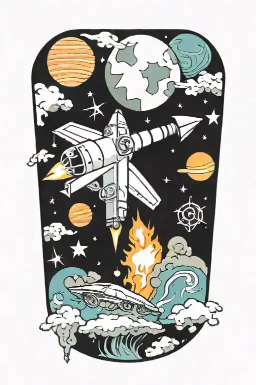 rocket with planets, stars, money signs and music notes  tattoo design idea
