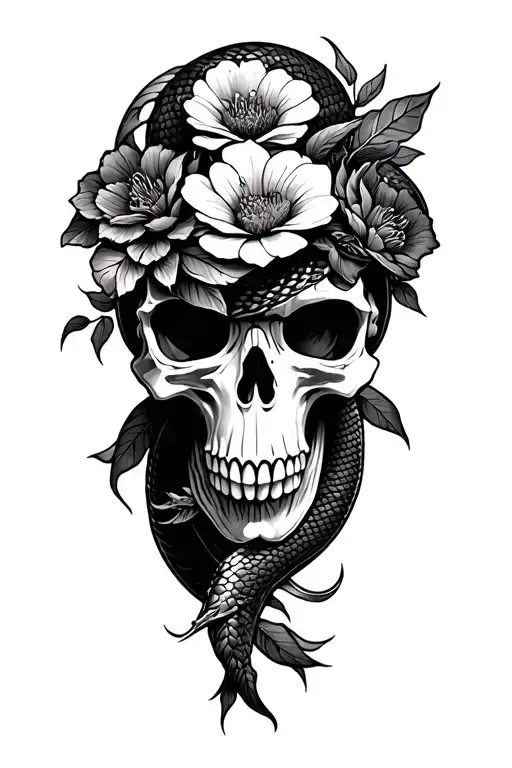snake samurai skull flowers growing tattoo design idea