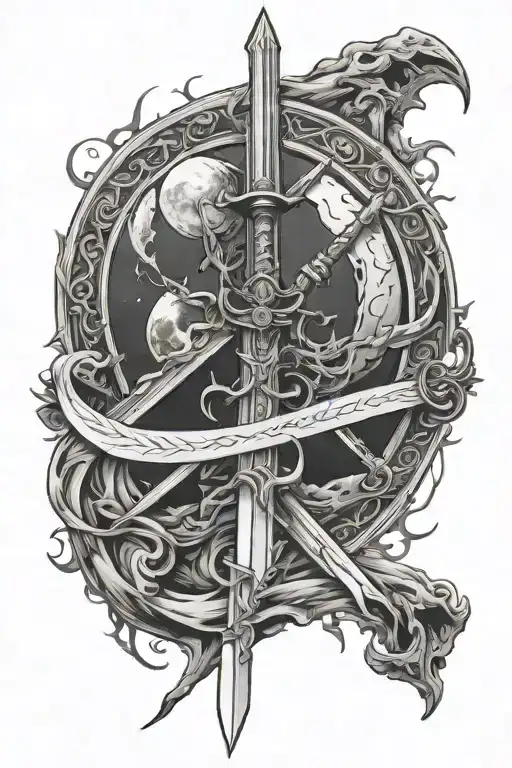 swords that reflect the moon and river tattoo design idea