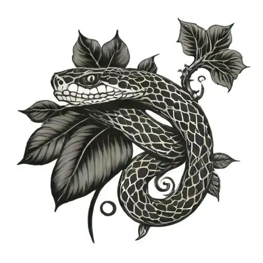 snake tightly coiled holding plant with vines tattoo design idea