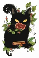 head black cat, coffee mug, books, with ornemental leaves, flowers, mushrooms  tattoo design idea