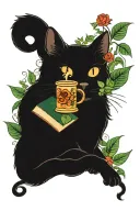 head black cat, coffee mug, books, with ornemental leaves, flowers, mushrooms  tattoo design idea