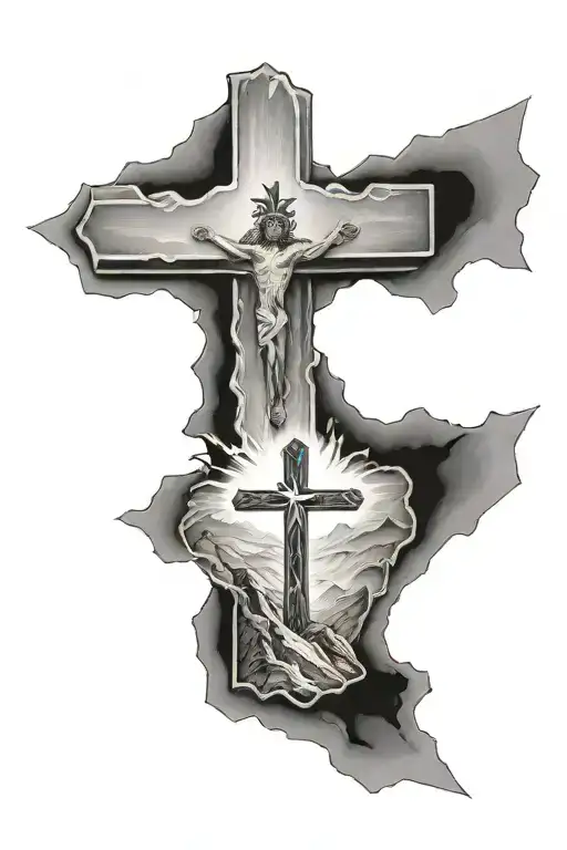 cross with jesus on ones side and mountains on the other tattoo design idea
