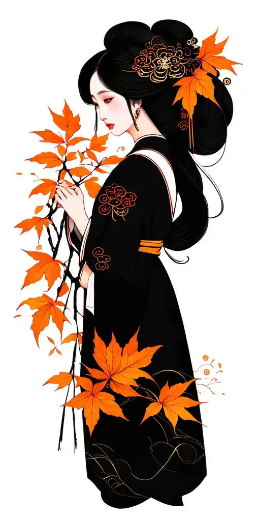 Neo Japanese Woman Black background with Orange Leaves tattoo design idea