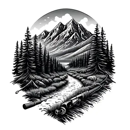 A dotwork tattoo of a mountain landscape with a winding off-road trail and a fishing rod in the foreground tattoo design idea