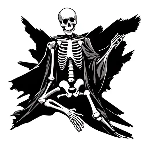 A skeleton in a dramatic pose. He is gay. Black and white. Tattoo image. It has on a robe that is see through and has a  tattoo design idea