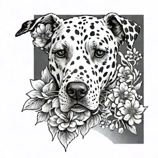 Black and white tattoo on the arm from the wrist to the elbow with sakura flowers, a Dalmatian dog in flowers and paw prints tattoo design idea