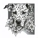 Black and white tattoo on the arm from the wrist to the elbow with sakura flowers, a Dalmatian dog in flowers and paw prints tattoo design idea