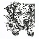 Black and white tattoo on the arm from the wrist to the elbow with sakura flowers, a Dalmatian dog in flowers and paw prints tattoo design idea