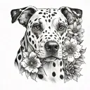 Black and white tattoo on the arm from the wrist to the elbow with sakura flowers, a Dalmatian dog in flowers and paw prints tattoo design idea