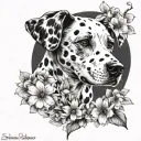 Black and white tattoo on the arm from the wrist to the elbow with sakura flowers, a Dalmatian dog in flowers and paw prints tattoo design idea