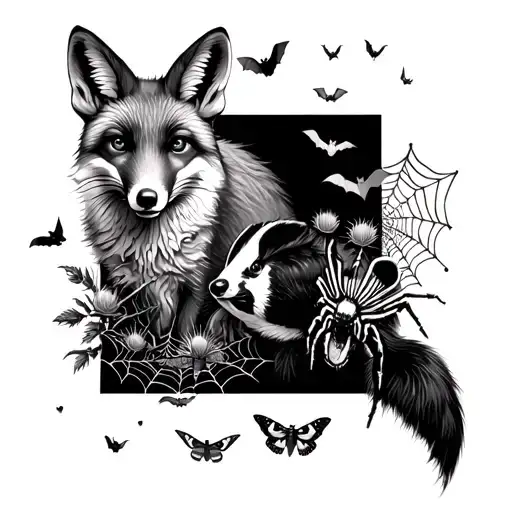 uk wildlife sleeve with thistles a fox, badger, spider webs and a spider, bats, moths tattoo design idea