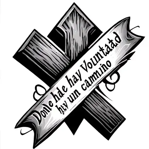 a tattoo on a thin cross with the words donde hay voluntad hay un camino vertically in the center vertically across tattoo design idea