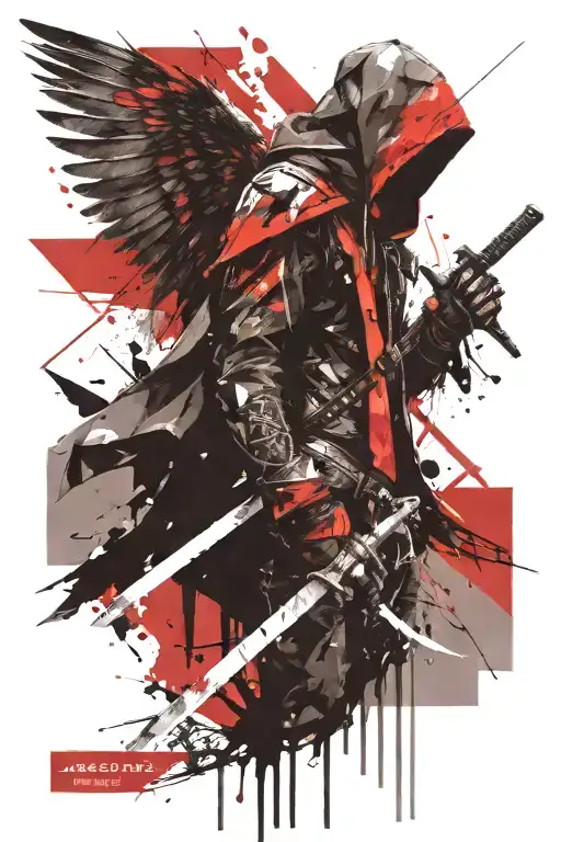 Assassin with wings holding sword in front of him geometric style tattoo design idea