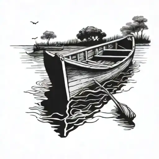 A wooden row boat floating serenely on a river, with a tranquil sky above, drowning, topdown view  tattoo design idea