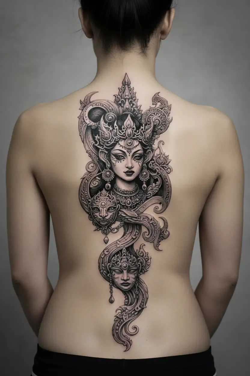 devi with heavy ornaments and no eyeball tattoo design idea