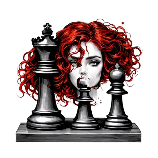 sexy red hair mermaid with chess king and chess background realistic tattoo design idea