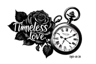 "Timeless love. DJO CAF 4-18-20" pocket watch with a rose intertwined tattoo design idea