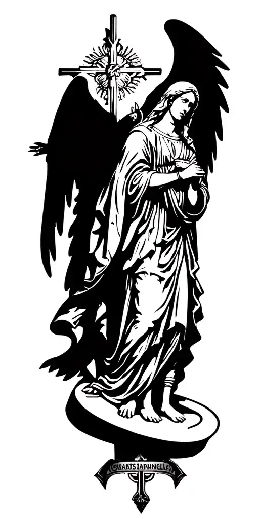 Saint michael the archangel with a cross and virgin mary next to him tattoo design idea