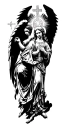 Saint michael the archangel with a cross and virgin mary next to him tattoo design idea