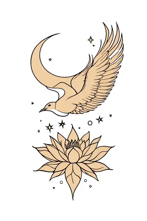 phoenix flying from lotus flower towards sun moon with star elements feminine  tattoo design idea
