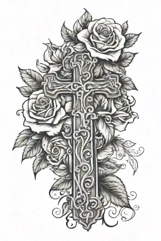 cross with roses surounding put pat and rachel in their with cursive writing tattoo design idea