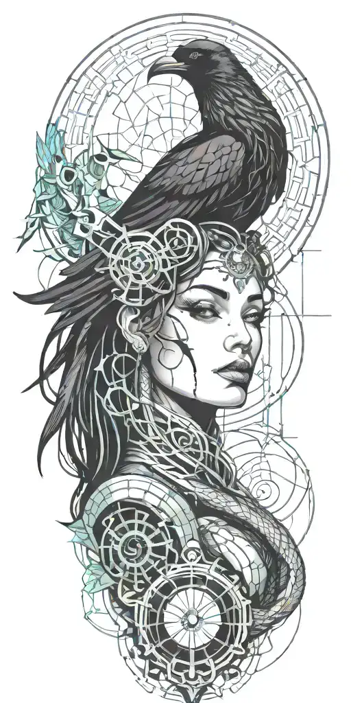 goddess of death, raven, snake, moon tattoo design idea
