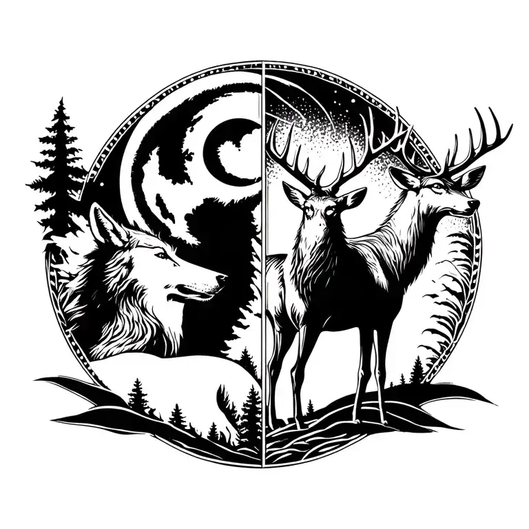 wolf howling at the moon and deer with big horn  two sides of the back tattoo design idea