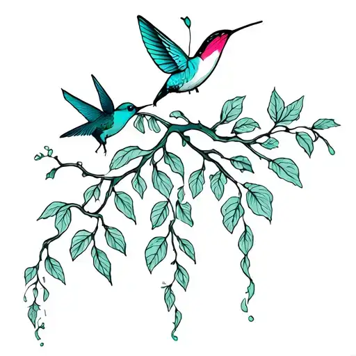 weeping willow leaves, vines with a humming bird and butterfly. abstract tattoo design idea