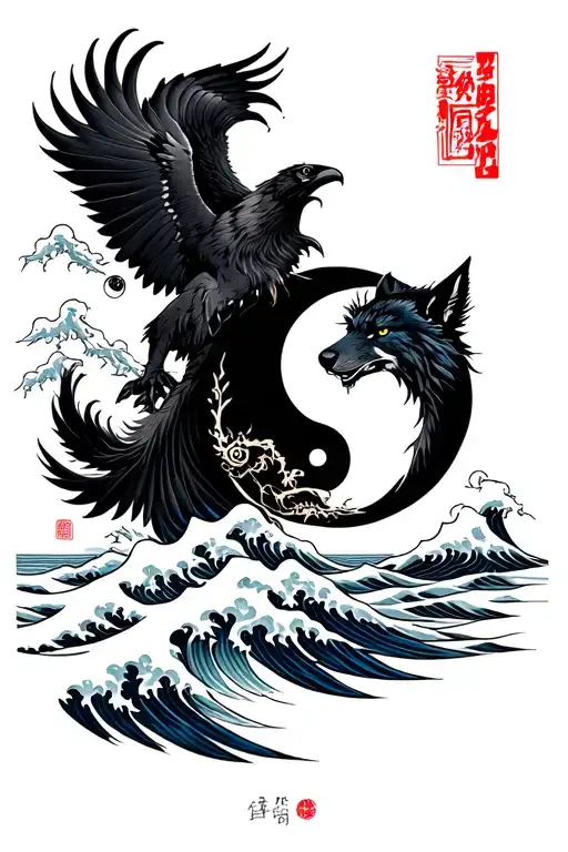 Japanese yakuza style with a touch of yin and yang Hell wolf guided by the raven surrounded by Lake waves tattoo design idea