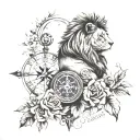 full back piece: birth flowers of family, lion, anchor, compass, roman numerals, clock, travel, martin/maiden name?, sun tattoo design idea