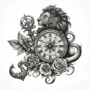 full back piece: birth flowers of family, lion, anchor, compass, roman numerals, clock, travel, martin/maiden name?, sun tattoo design idea
