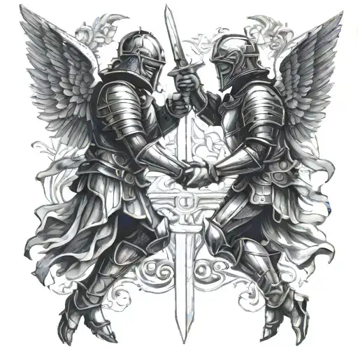 2 angels in plate armour fighting each other with swords tattoo design idea