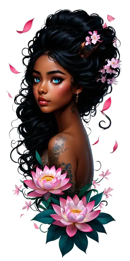 Half black woman (grey eyes), half lion (blue eyes)Full cherry blossom tree in backgroundFalling petalsPeony, lotus, chr tattoo design idea