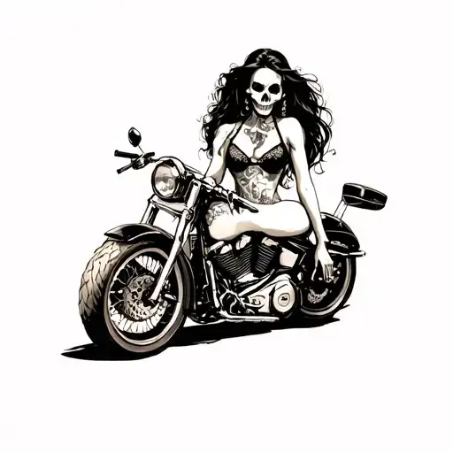 skulls sexy harley davidson motorcycle girl sitting tattoo design idea