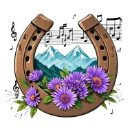 Upright horseshoe that is wrapped in purple ASTER flowers with mountain tops within and some scattered music music notes tattoo design idea