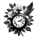clock, dove and rose  tattoo design idea