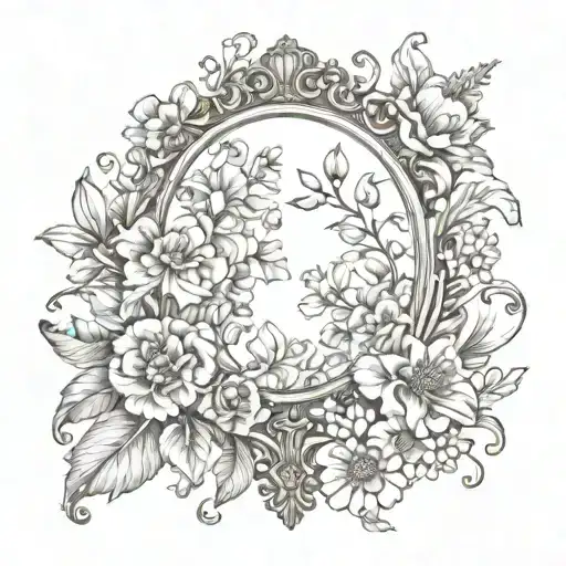 antique hand mirror and flowers tattoo design idea
