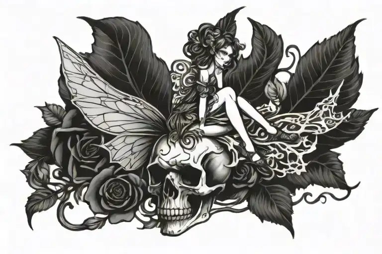 sexy fairy one foot on a skull tattoo design idea