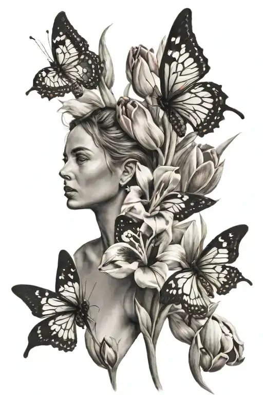 woman flowers and butterflies among tulips tattoo design idea
