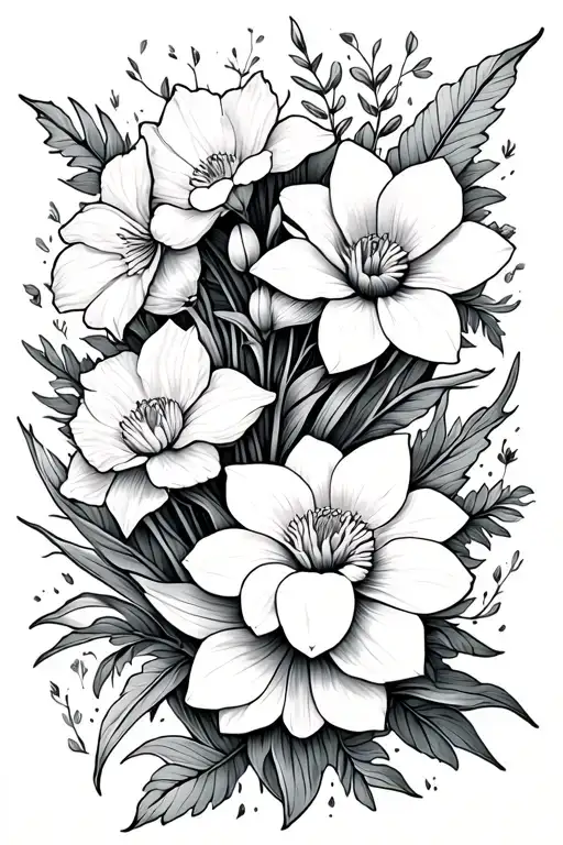 forearm tattoo with wildflowers, intertwined of Daffodil, Marigold, Water lily, Morning Glory, Jonquil, Iris tattoo design idea