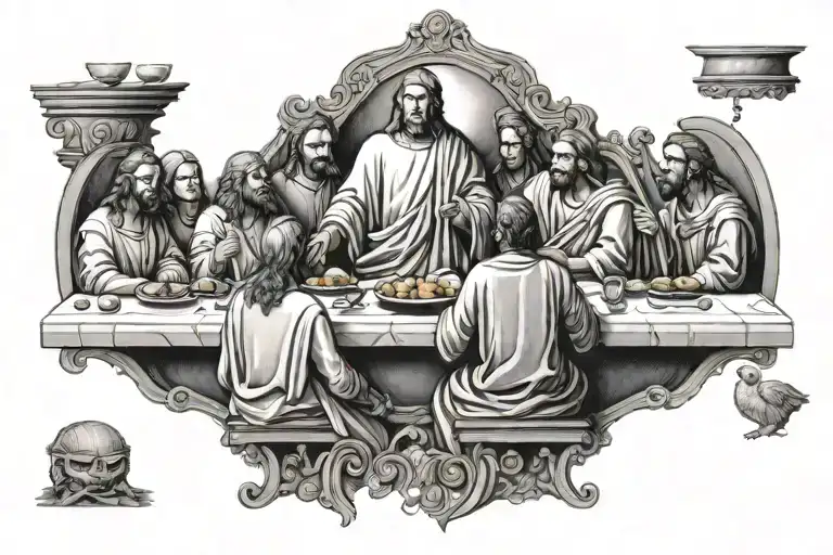 Back tattoo of the last supper black and grey realistic style tattoo design idea