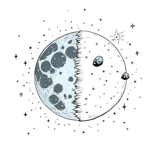 a moon in half with an asteroid that passes by her on a background of stars tattoo design idea