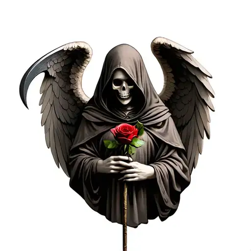 angel of death wearing a hood but holding a rose rather than a scythe tattoo design idea