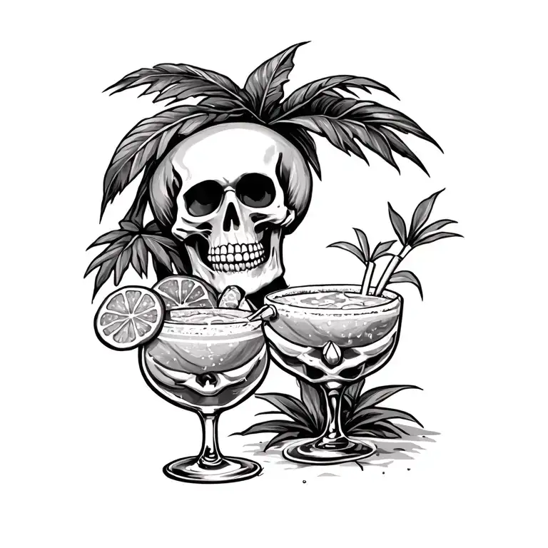 skeleton drinking margarita under palm tree tattoo design idea