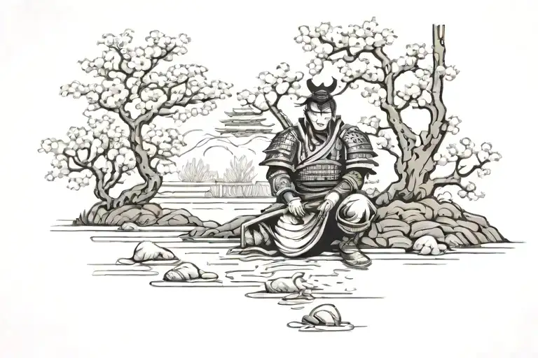 Armored samurai kneeling underneath blossoming cherry tree, near zen garden and pond tattoo design idea